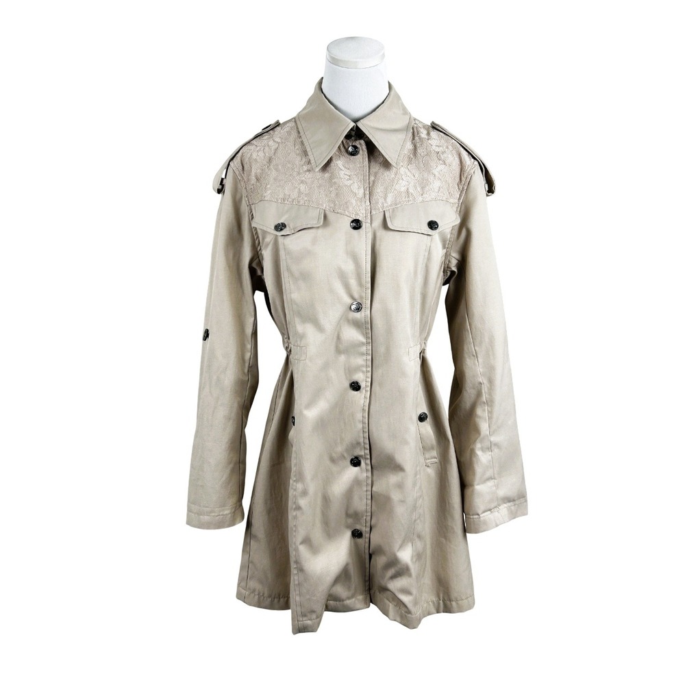 Nanette Lepore Jacket Womens L Beige Lace Snap Front Utility Roll-Tab Feminine